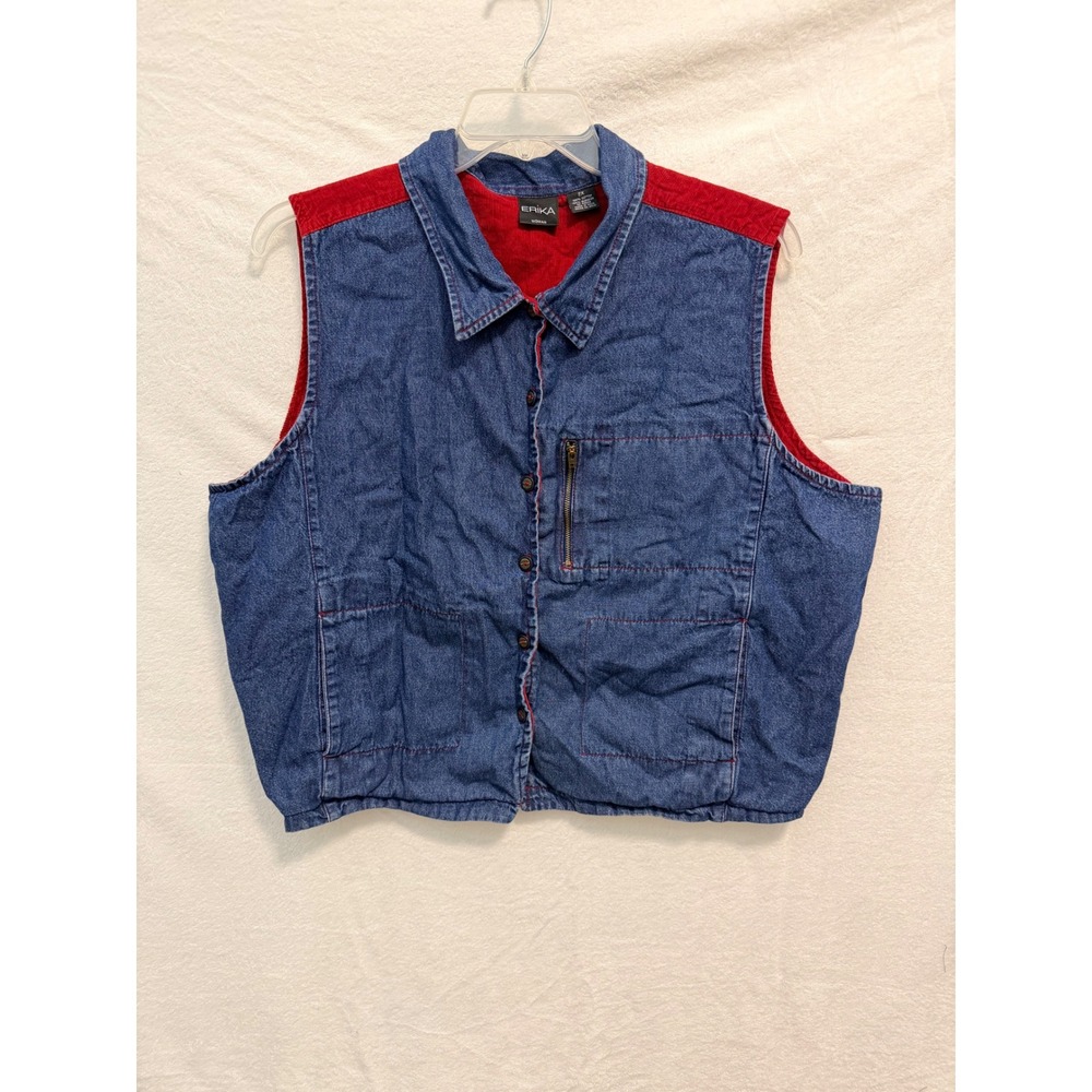 Erika Woman Denim Vest 2X Blue Red Corduroy Back Mixed Media Button Front Vest